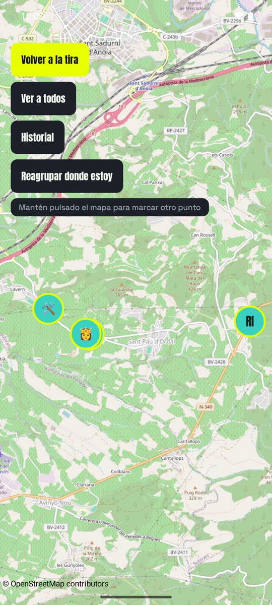 Mapa de la excursión con la posición de cada moto del grupo
